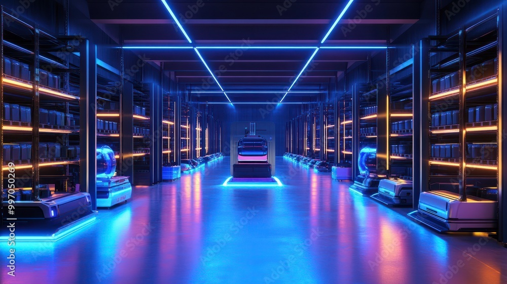 Poster futuristic warehouse with autonomous robots and illuminated pathways for efficient logistics.