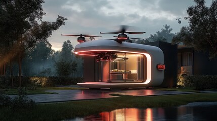 Futuristic timely delivery food service where autonomous drones transport meals directly to customers' doors within minutes preserving the freshness and quality of the food