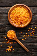 Lens culinaris - Raw red lentils in a bowl and spoon.