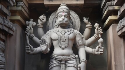 A majestic stone sculpture of a multi-armed deity, showcasing intricate designs and details, creating strength and divinity.