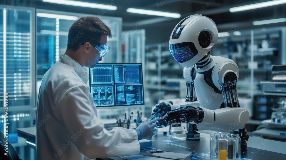 Poster human scientist working on ai robot in science lab. generative ai.