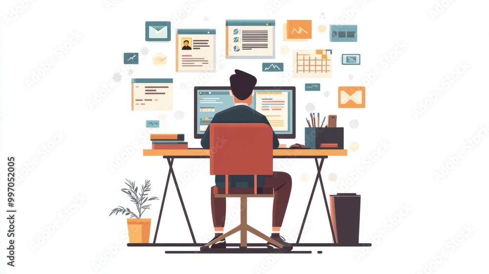 Poster man is sitting at his desk in front of the computer, creating an online profile with vector illustra
