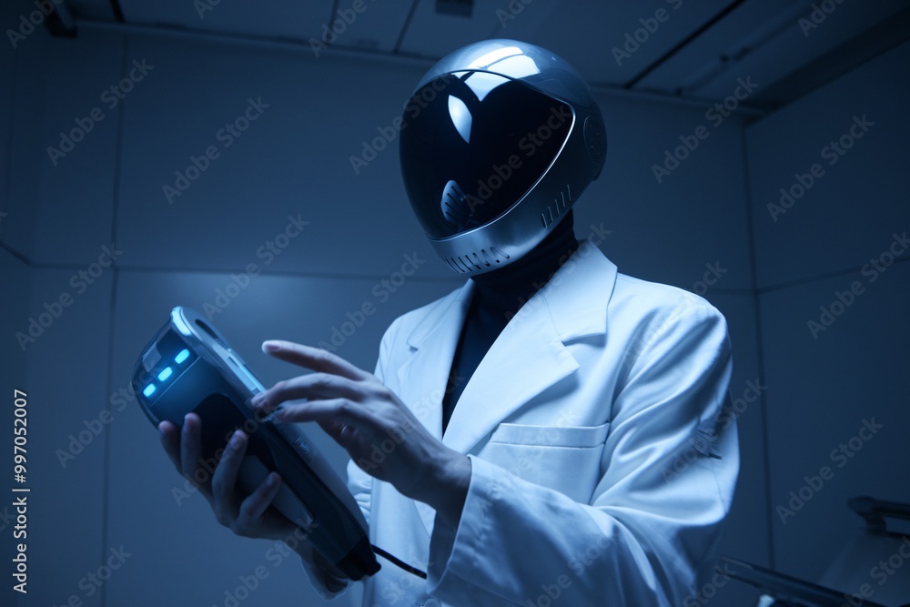 Poster scientist in futuristic helmet using advanced technology