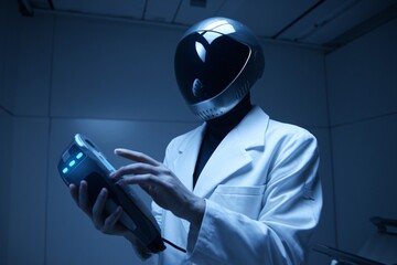 Scientist in futuristic helmet using advanced technology 