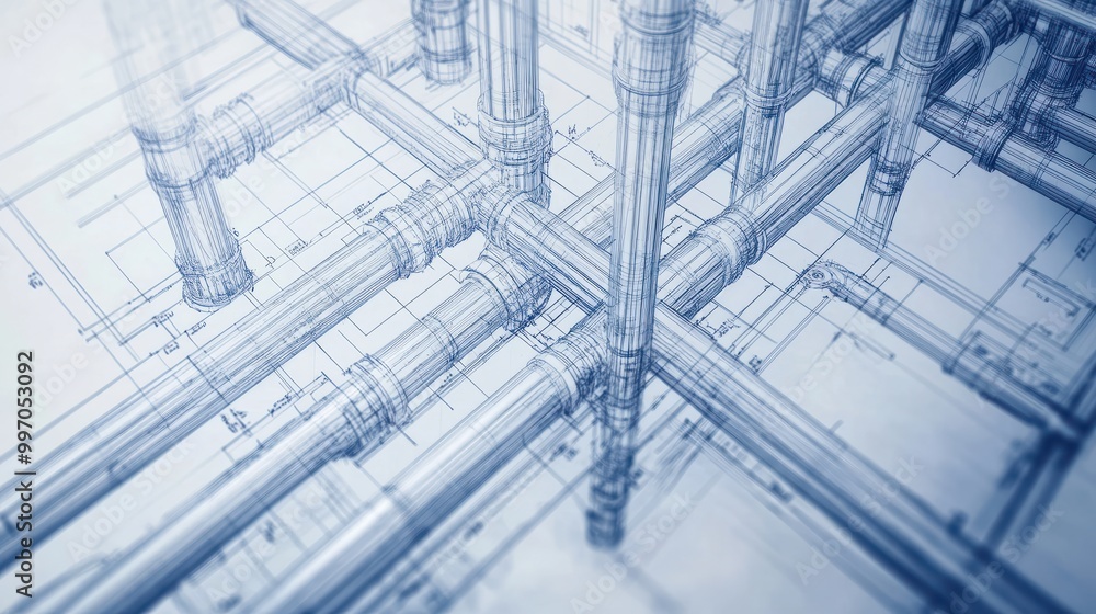 Poster piping system blueprints merged with images of intricate industrial piping. minimal and simple style