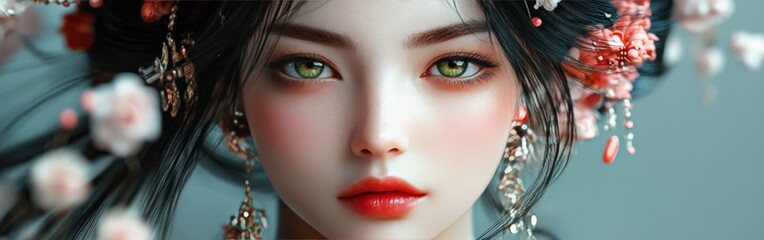 Obraz premium Hyper-realistic portrait of a modern geisha with porcelain skin and adorned hair