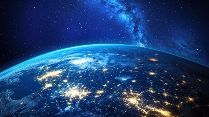 Obraz premium Photo of Planet Earth and its Satellites at night from space - North America connected to the rest of the world, technology, global community and futuristic communication system concept.