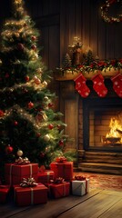 A Christmas tree with presents underneath, a fireplace in the background, red Christmas stockings on the fireplace