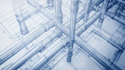 Piping system blueprints merged with images of intricate industrial piping. Minimal and Simple style