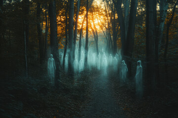 Obraz premium Mysterious forest at dusk with ghostly figures emerging through the trees and a glowing sunset in the background