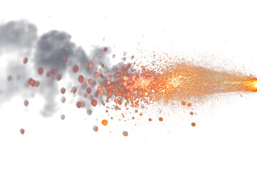 Close-up of a muzzle flash, side view, isolated on a white or transparent background. Fire from a gunshot. Bullet firing flame overlay, design element.