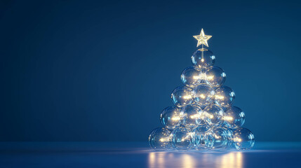 A beautiful Christmas tree made of glass balls, with lights inside and outside, stands on the table against a blue background