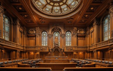 Luxurious courtroom featuring ornate wooden architecture and stained glass windows illuminated by sunlight