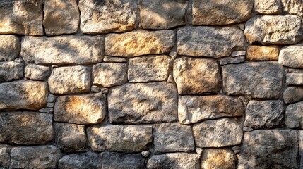 Obraz premium A warm sunlight bathes the textured stones of a rugged wall, highlighting natural colors and shapes ideal for creative projects or backgrounds