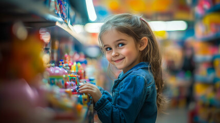 Obraz premium little girl with a smile on his face in a toy store looking at toys with interest