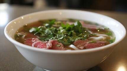 A delicate bowl of Vietnamese pho, with fresh herbs, tender beef slices, and rice noodles floating in aromatic broth, promising a rich taste.