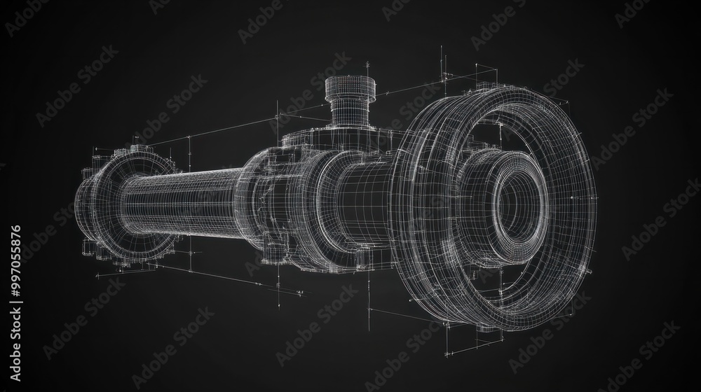 Poster vector rendering of an industrial valve in wire-frame style with separated layers of visible and inv