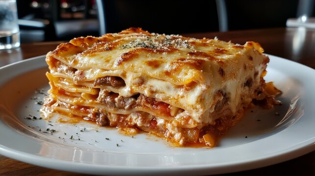 A plate of Italian lasagna, layers of noodles, meat, and chamel sauce baked to perfection, with golden cheese bubbling on top.