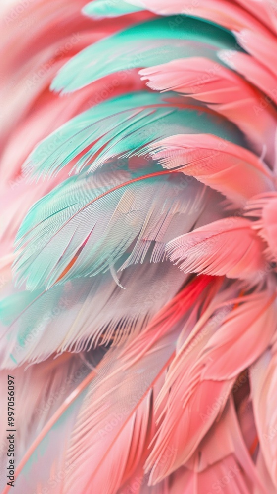 Poster close up of colorful feathers in soft pink and teal hues creating a vibrant and textured background
