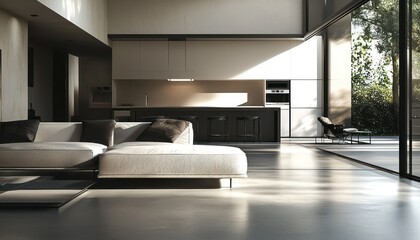 Elegant Simplicity living room in a modern home featuring minimalist design with an open concept plan that includes a streamlined kitchen and dining area beside luminous windows.