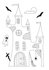 Coloring Pages of Halloween Cartoon Castle With Ghosts