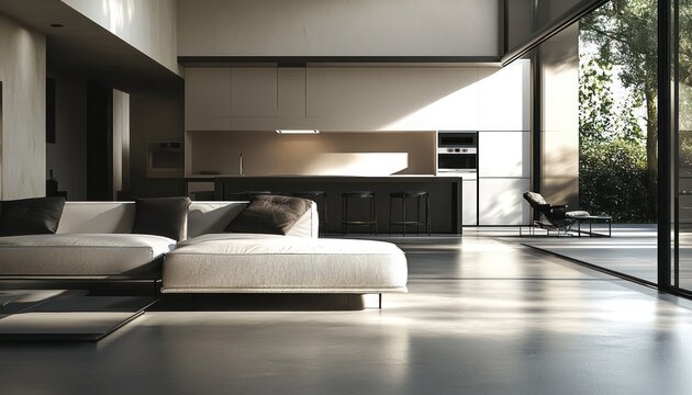 Elegant Simplicity living room in a modern home featuring minimalist design with an open concept plan that includes a streamlined kitchen and dining area beside luminous windows.