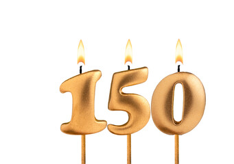 Golden candle number 150 - Birthday on white background