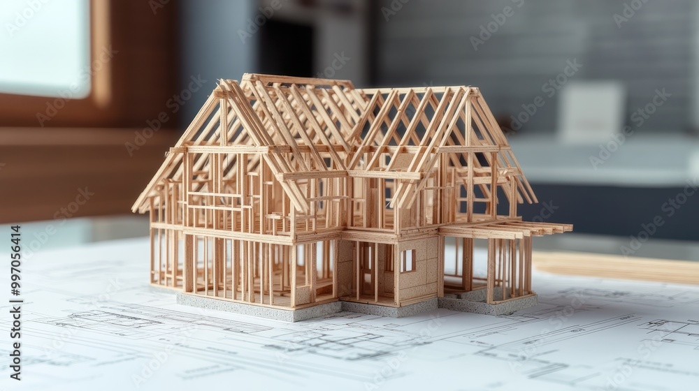 Poster wooden frame house model under construction on blueprints. building project with text space