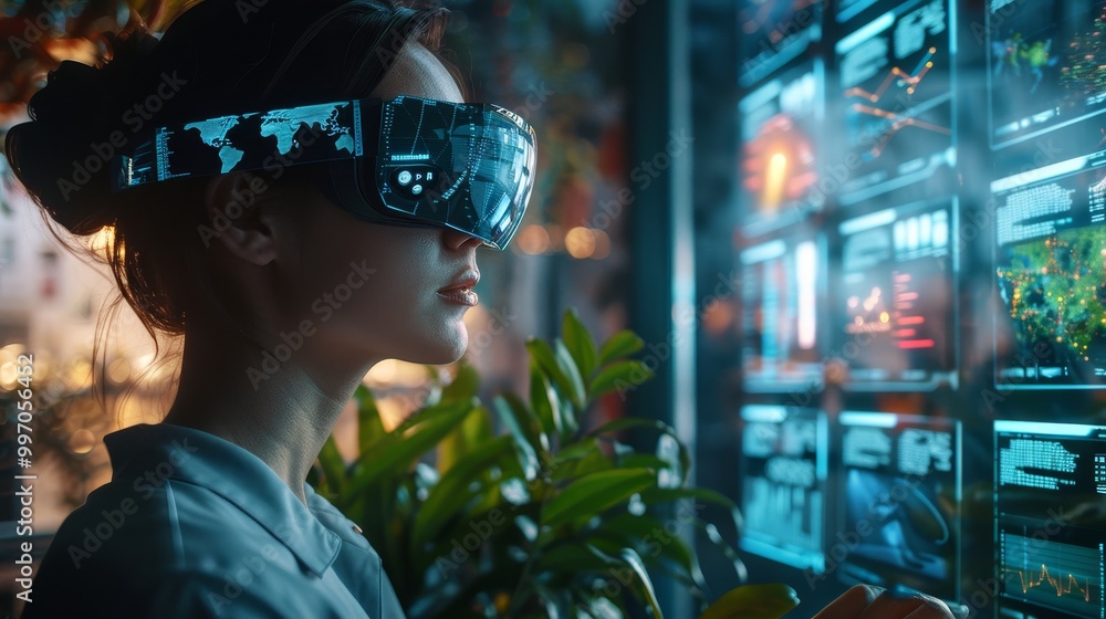Poster a woman using futuristic vr goggles in a tech-enhanced environment, interacting with digital display