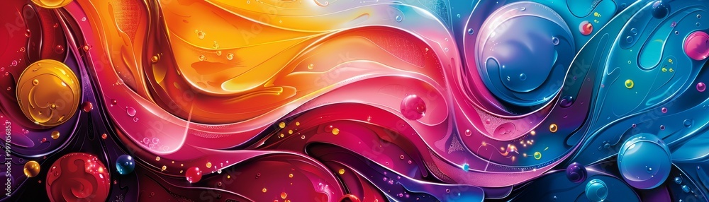 Poster a vibrant abstract design showcasing fluid shapes and a spectrum of colors blending harmoniously.