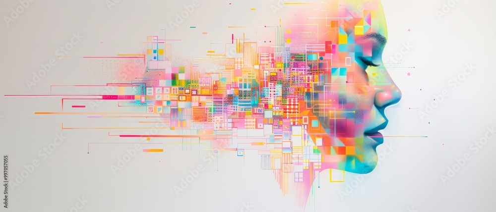 Poster a colorful, abstract representation of a human profile blending with digital patterns, symbolizing c