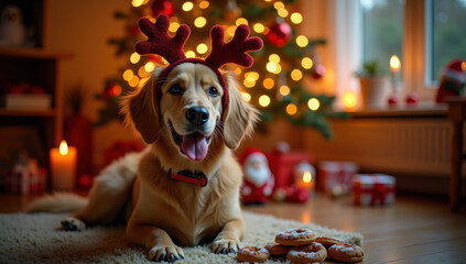 Cute golden dog retriever with reindeer antlers near Christmas holiday tree