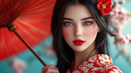 Hyper-realistic portrait of a modern geisha with porcelain skin and adorned hair