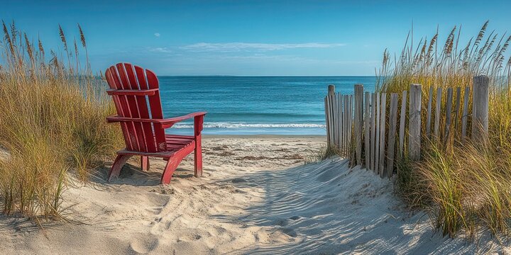 Rhode Island beach with soft sand dunes, tall grass, and a weathered fence. Red, white, and blue chair overlooks the calm sea and coastline. Perfect for travel, nature and Americana-themed Background