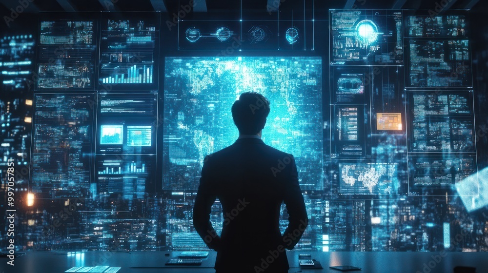 Poster a data analyst looking at his massive futuristic screens with lots of data dashboards. generative ai