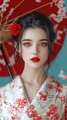 Hyper-realistic portrait of a modern geisha with porcelain skin and adorned hair