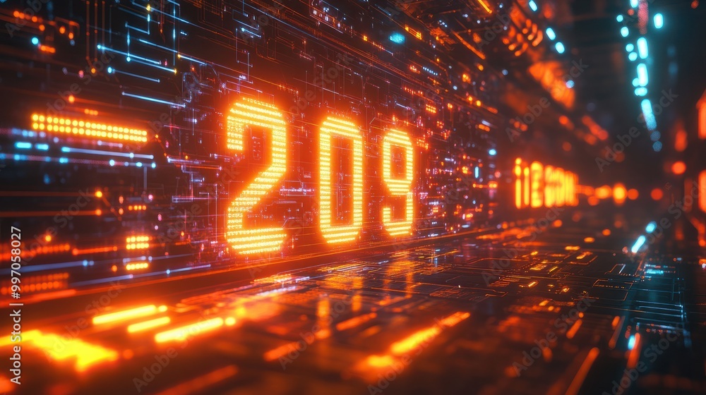 Poster a digital countdown timer with bold numbers displayed against a futuristic backdrop of glowing circu