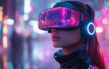 Young woman exploring a vibrant cyberpunk city while wearing a virtual reality headset under purple and blue neon lights