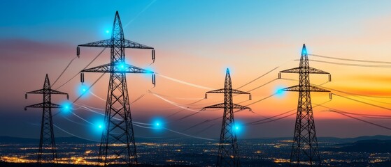 City Skyline at Night with Electric Grid Pattern