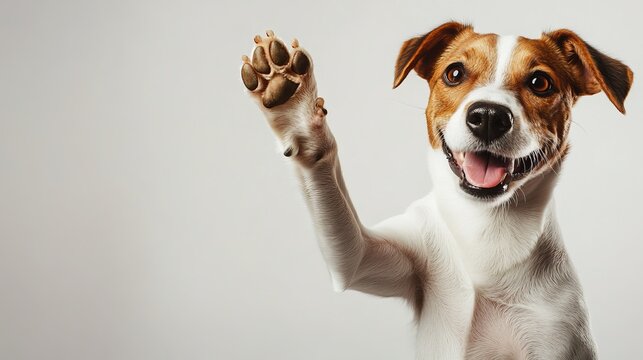 A cheerful dog lifts its paw for a high-five gesture against a white background, leaving ample space for text.