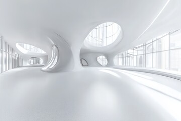 Futuristic interior of a white building rendered in a 360 degree VR style, showcasing modern architecture and immersive design