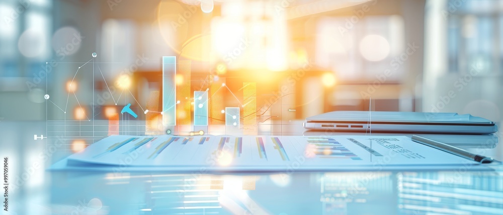 Aufkleber a dynamic workspace featuring documents and digital graphs, symbolizing analytics and business growt