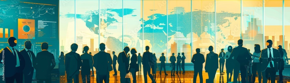 Wall mural A vibrant silhouette of business professionals against a bright cityscape, suggesting a high-tech corporate environment and global connectivity.