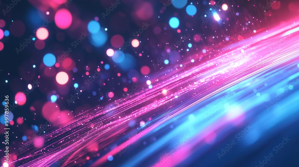 Poster abstract background with pink blue glowing neon lines and bokeh lights. data transfer concept. digit