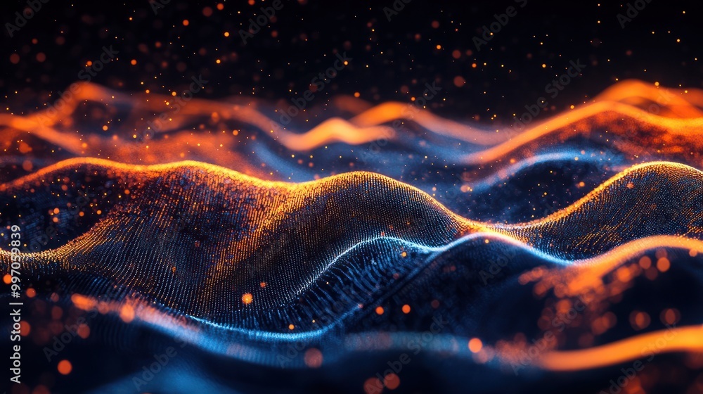 Poster abstract dark background with orange and blue waves of digital data flowing in the style of light bl