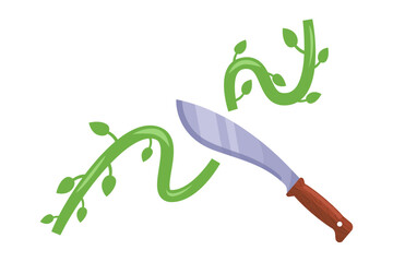 cut a vine in the jungle with a machete. cut plants.