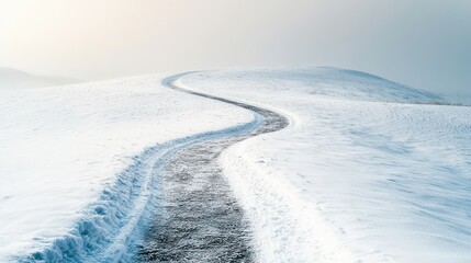 Obraz premium A winding path through a snow-covered landscape, guiding the viewer's gaze toward the center. The design includes ample space for promotional text or announcements, perfect for winter-themed marketing