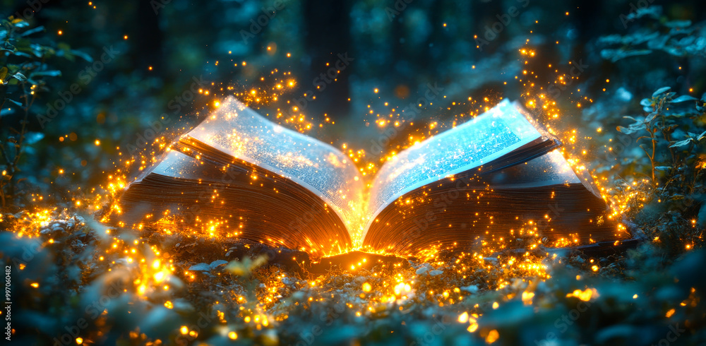 Poster a book is open to a page with a glowing light on it. the light is shining on the pages of the book, 