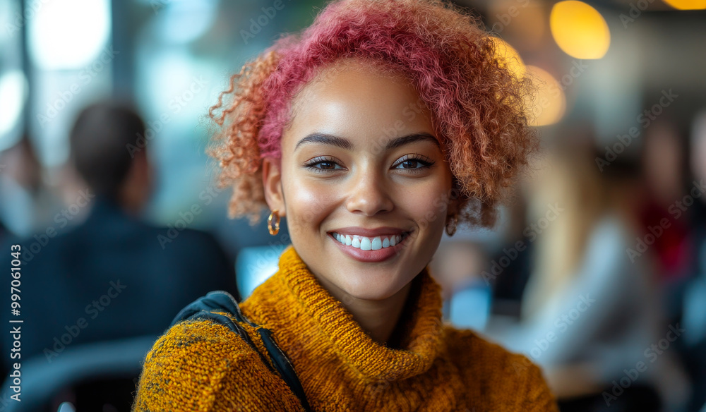 Wall mural A woman with red hair and a yellow sweater is smiling. She is surrounded by other people, some of whom are looking at her