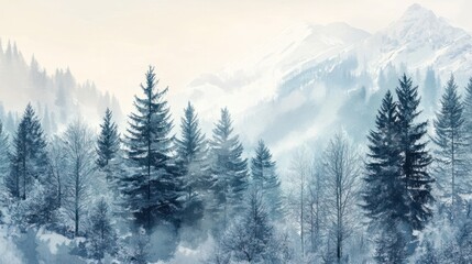 Fototapeta premium Alpine trees in the forest watercolor style illustration with winter color.